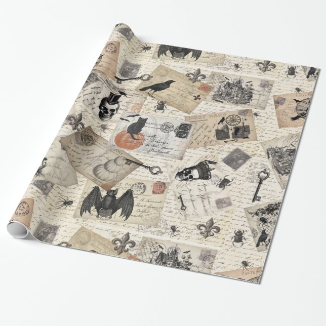 Modern vintage Halloween postcards Wrapping Paper (Unrolled)