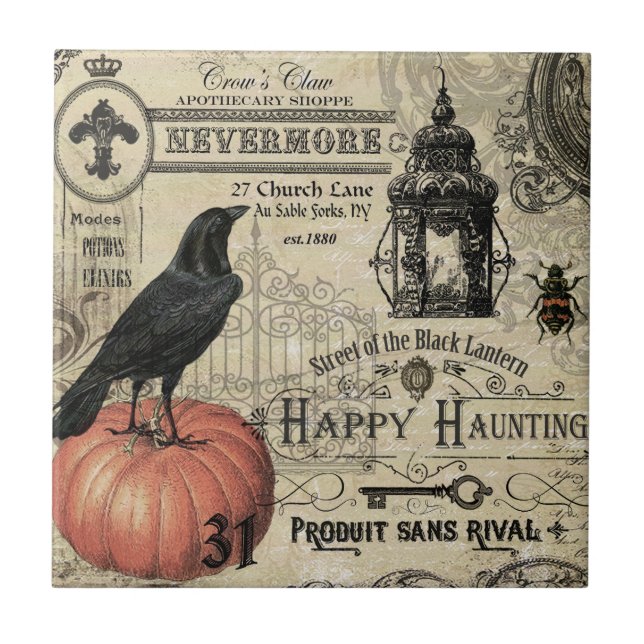 Modern Vintage Halloween pumpkin and crow Ceramic Tile (Front)