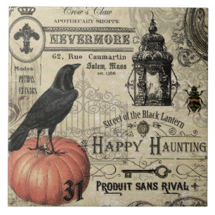 Modern Vintage Halloween pumpkin and crow Ceramic Tile