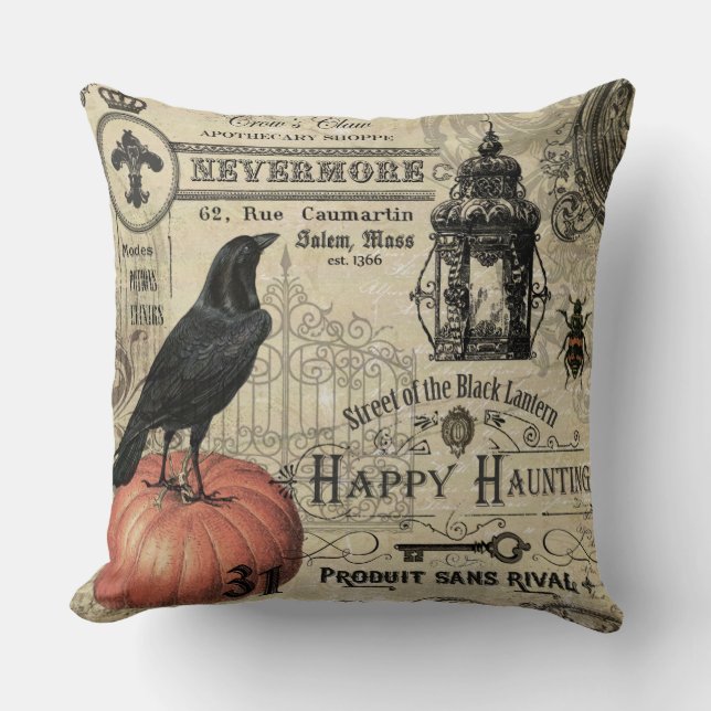 modern vintage halloween pumpkin and crow cushion (Front)
