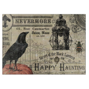 modern vintage halloween pumpkin and crow cutting board