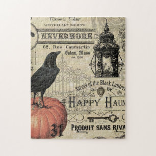 modern vintage halloween pumpkin and crow jigsaw puzzle