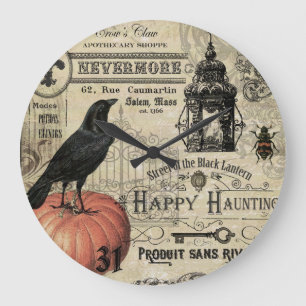 modern vintage halloween pumpkin and crow large clock