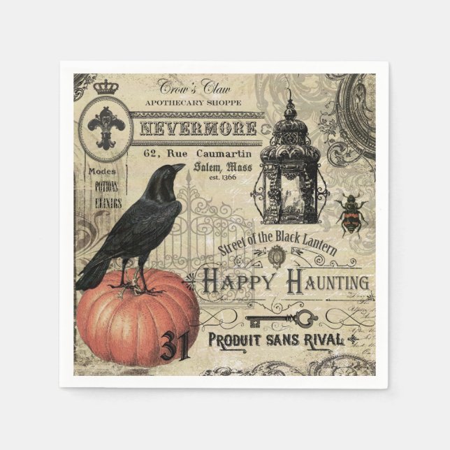 modern vintage halloween pumpkin and crow napkin (Front)