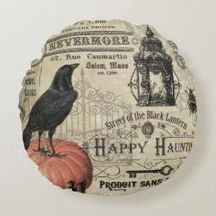 Modern Vintage Halloween pumpkin and crow Round Cushion
