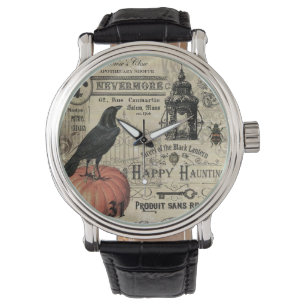 modern vintage halloween pumpkin and crow watch