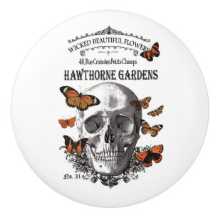 modern vintage Halloween skull and butterflies Ceramic Knob