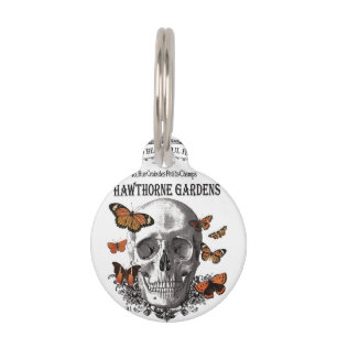 modern vintage Halloween skull and butterflies Pet Tag