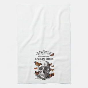 modern vintage Halloween skull and butterflies Tea Towel