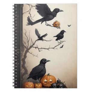 modern vintage halloween skull and crow notebook