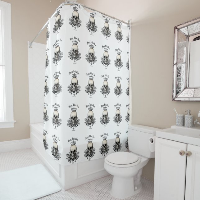 Modern Vintage Halloween skull and crown Shower Curtain (In Situ)