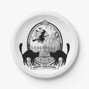 modern vintage Halloween witch and cats Paper Plate