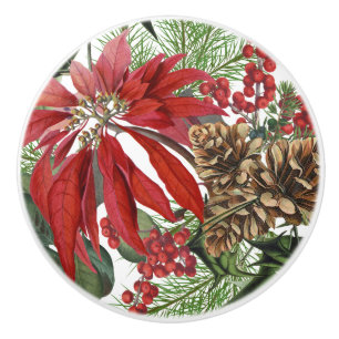 modern vintage holiday poinsettia floral ceramic knob