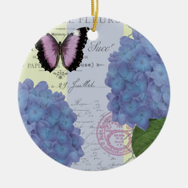 modern vintage hydrangea and butterfly ceramic ornament (Front)