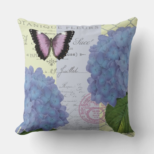 modern vintage hydrangea and butterfly cushion (Front)