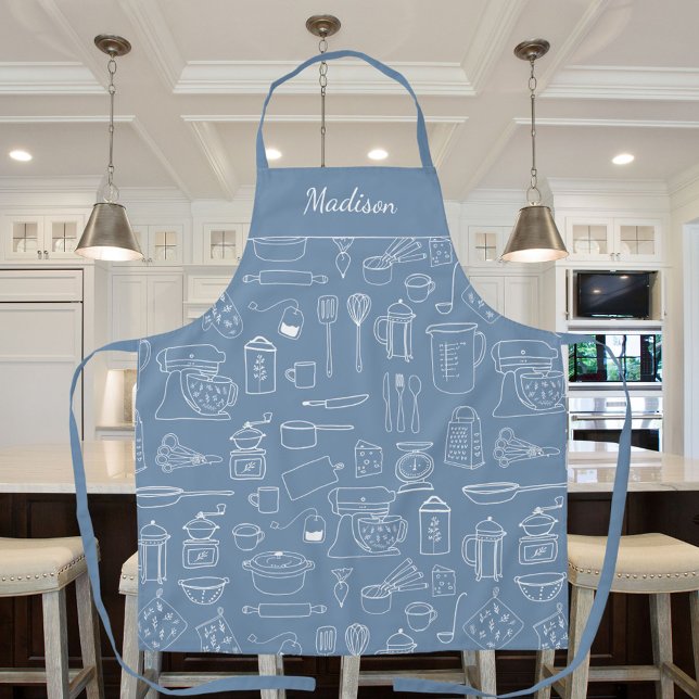 Modern Vintage Kitchen Utensils Cute Doodle Apron (In situ)