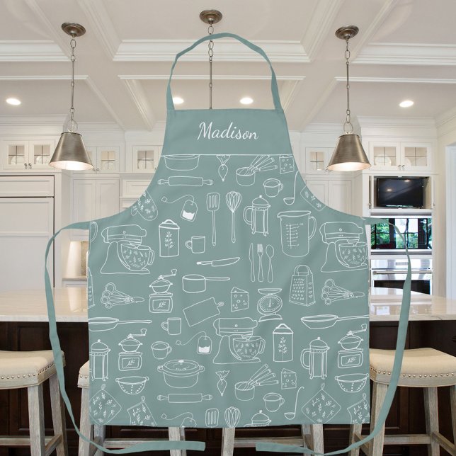 Modern Vintage Kitchen Utensils Cute Doodle Apron (In situ)