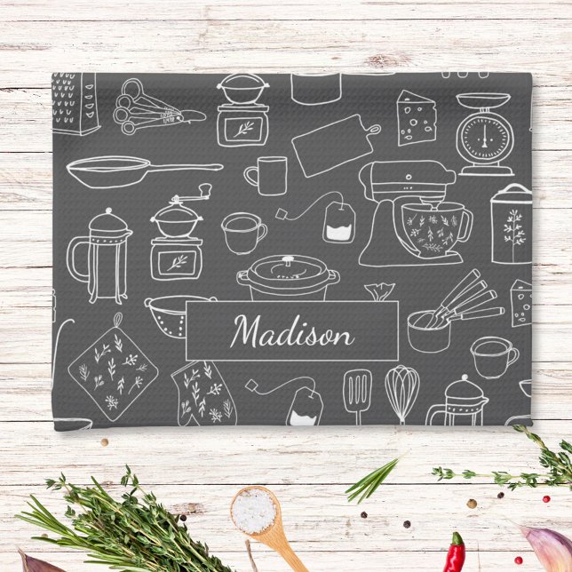 Modern Vintage Kitchen Utensils Cute Doodle Tea Towel (In situ)