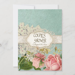Modern Vintage Lace Tea Stained Hydrangea n Roses Invitation