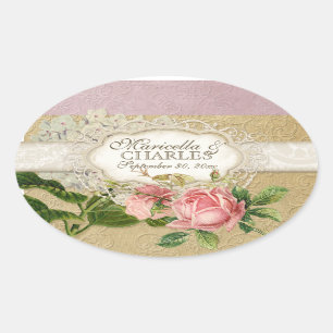 Modern Vintage Lace Tea Stained Hydrangea n Roses Oval Sticker