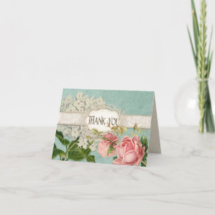 Modern Vintage Lace Tea Stained Hydrangea n Roses Thank You Card