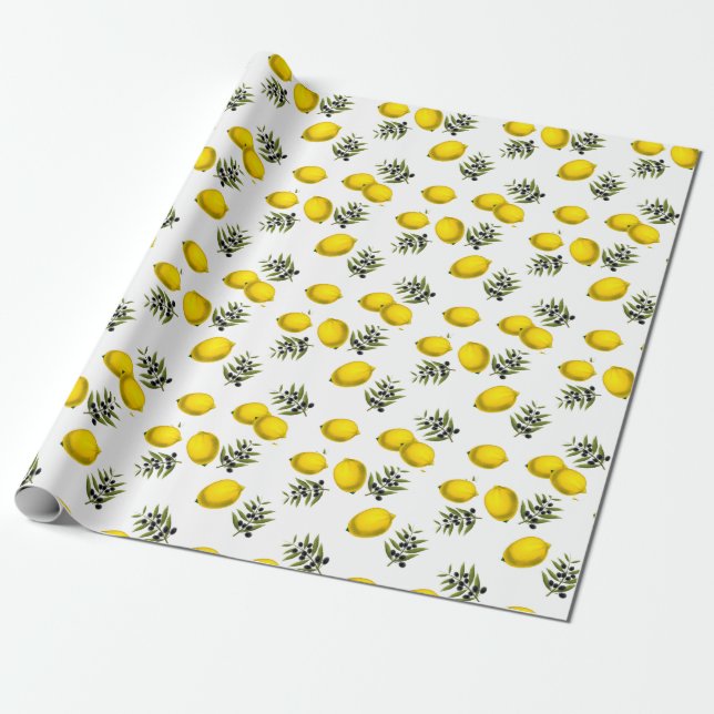 Modern Vintage Lemon & Olive Pattern Wrapping Paper (Unrolled)