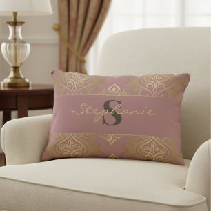 Modern Vintage Mauve And Gold Damask Monogram  Decorative Cushion