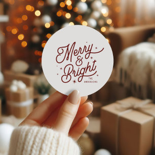 Modern Vintage Merry and Bright Script   Red  Classic Round Sticker