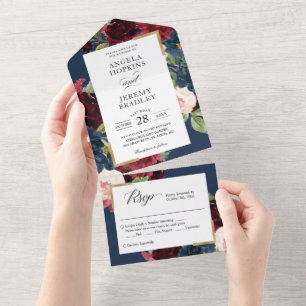 Modern Vintage Navy Burgundy Blush Floral Wedding  All In One Invitation
