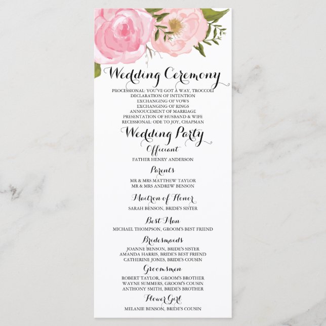 Modern Vintage Pink Floral Wedding Program Card (Front)