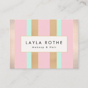 Modern Vintage Pink, Rose Gold Stripes Salon Business Card