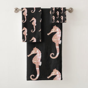 Modern Vintage Pink Seahorse on Black Bath Towel Set