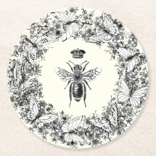 Modern Vintage Queen Bee Butterfly Wreath Round Paper Coaster