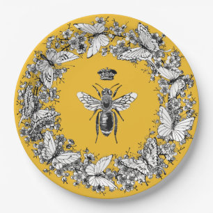 Modern Vintage Queen Bee Crown Butterfly Wreath Paper Plate