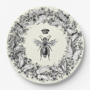 Modern Vintage Queen Bee Crown Butterfly Wreath Paper Plate