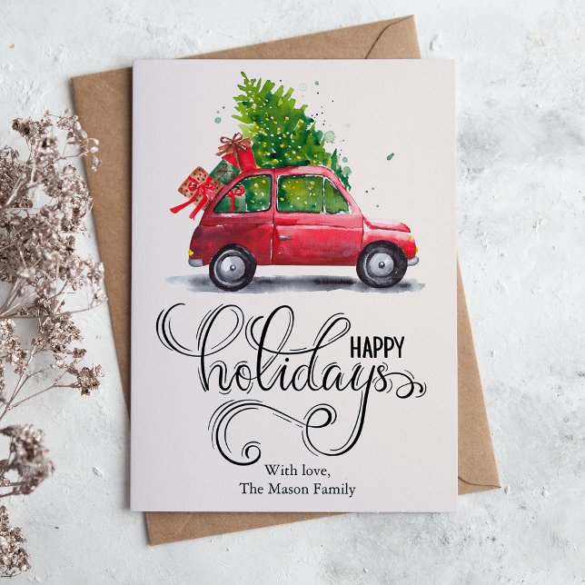 Modern Vintage Red Car Flat Holiday Card (Creator Uploaded)