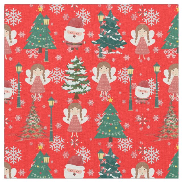 Modern vintage red christmas pattern Santa  trees  Fabric (Close Up)