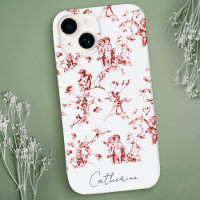 Modern Vintage Red Cupid Angels Floral Toile