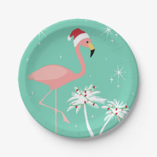 MODERN VINTAGE RETRO CHRISTMAS FLAMINGO PAPER PLATE