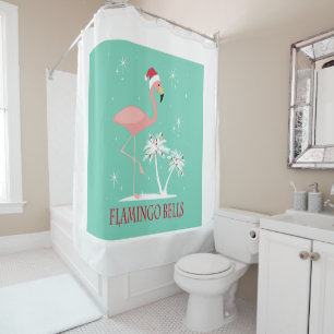 MODERN VINTAGE RETRO CHRISTMAS FLAMINGO SHOWER CURTAIN