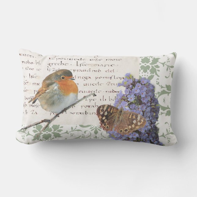 Modern vintage Robin bird flowers butterfly damask Outdoor Cushion (Front)