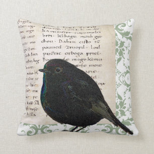 Modern Vintage Robin bird manuscript green damask Cushion