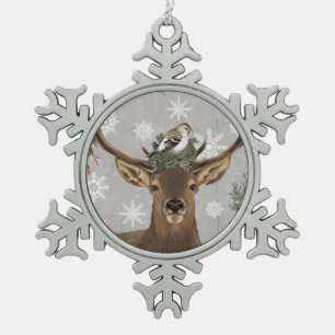 modern vintage rustic winter deer snowflake pewter christmas ornament