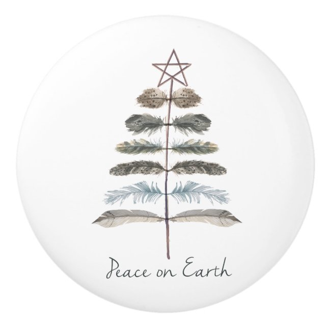 modern vintage rustic winter feather tree ceramic knob (Front)