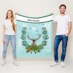 Modern Vintage Rustic Winter Snowflakes Deer Fleece Blanket