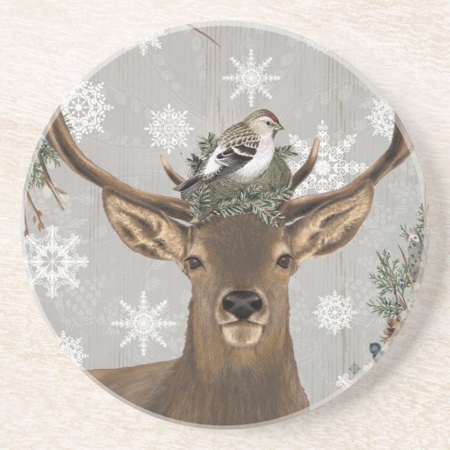 modern vintage rustic woodland winter deer coaster (Front)
