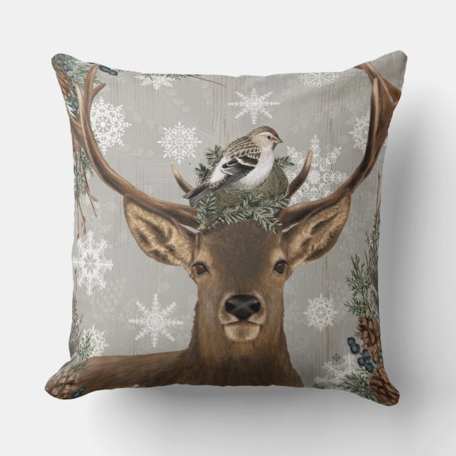 modern vintage rustic woodland winter deer cushion (Front)