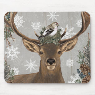 modern vintage rustic woodland winter deer mouse pad