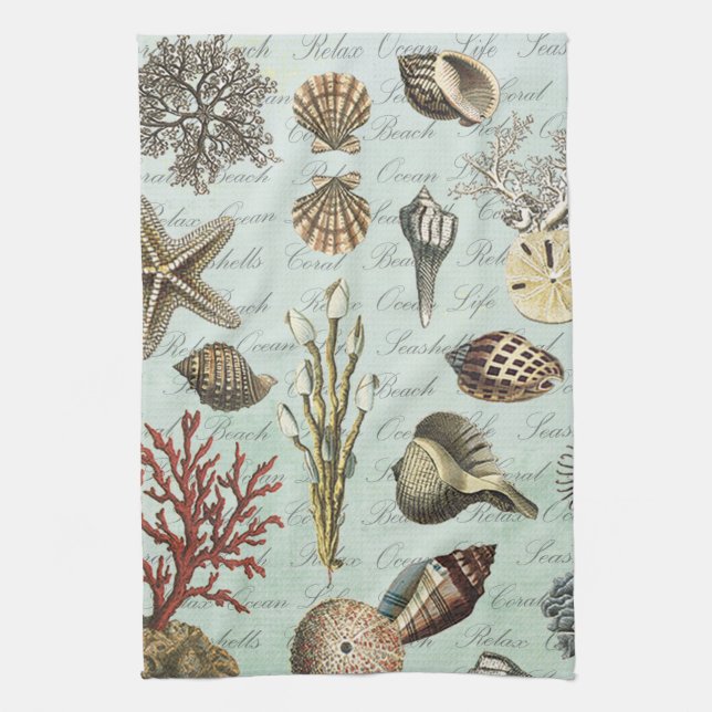 Modern Vintage Seashells Tea Towel (Vertical)