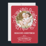 Modern Vintage Season's Greetings Photo Card | Red<br><div class="desc">Vintage themed with hand-drawn elements, this lovely Christmas greeting features whimsical holly, pine cones, snowflakes and winter florals surrounding your family's photo and with a simple modern typography style to showcase your family's greeting and photo. Coordinating red and white herringbone pattern on the back. White and rich holiday red colour...</div>
